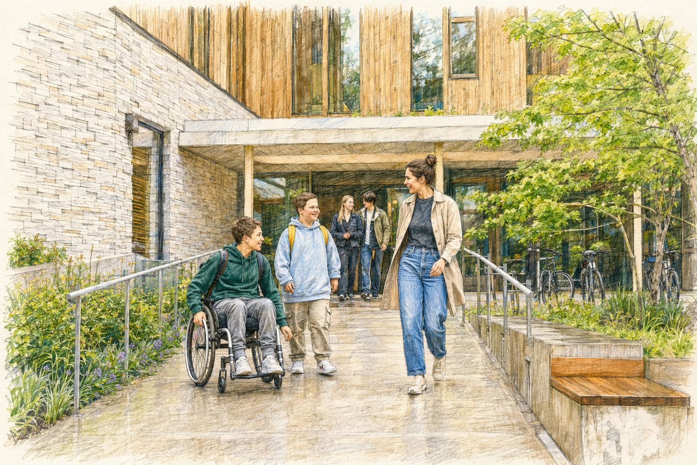Deux adolescents, dont l'un en fauteuil roulant, quittent un bâtiment en compagnie d'une accompagnante. Illustration.