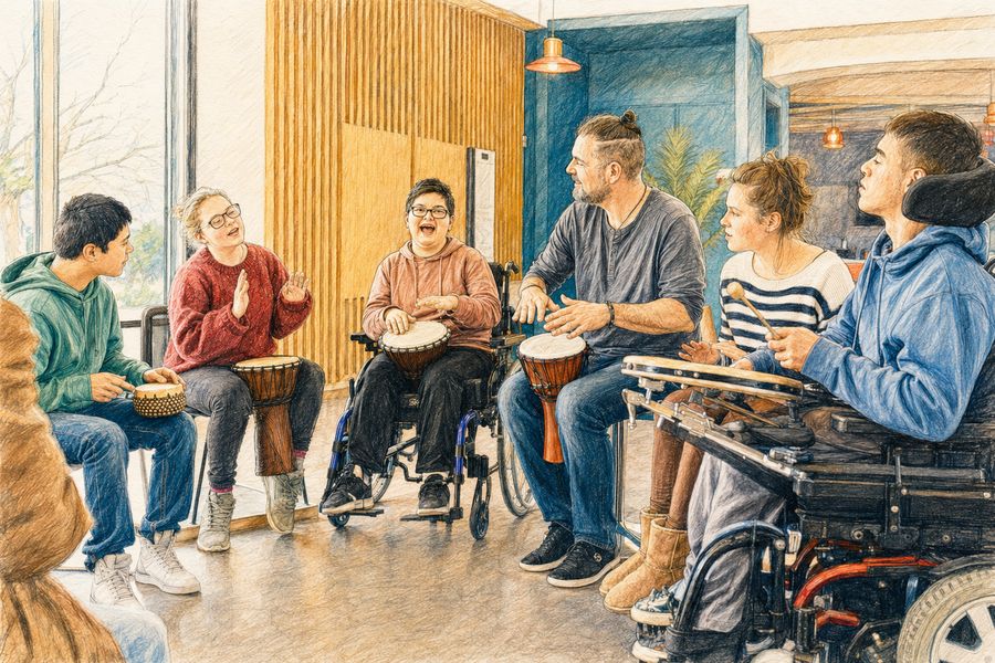 Sechs Jugendliche und ein Leiter sitzen im Kreis und trommeln, einige von ihnen im Rollstuhl. Illustration.