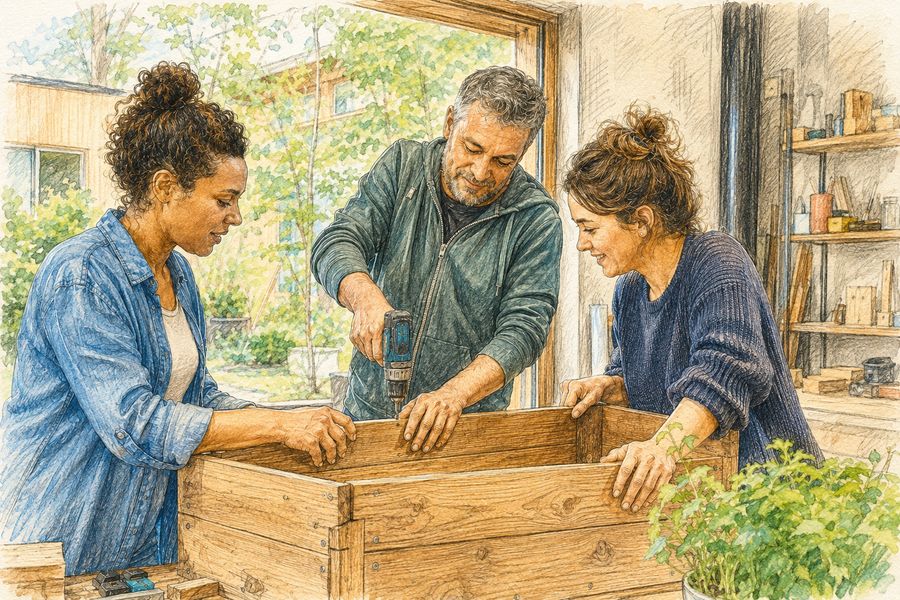 Drei Personen bauen in einer Werkstatt gemeinsam ein Hochbeet aus Holz zusammen. Illustration.