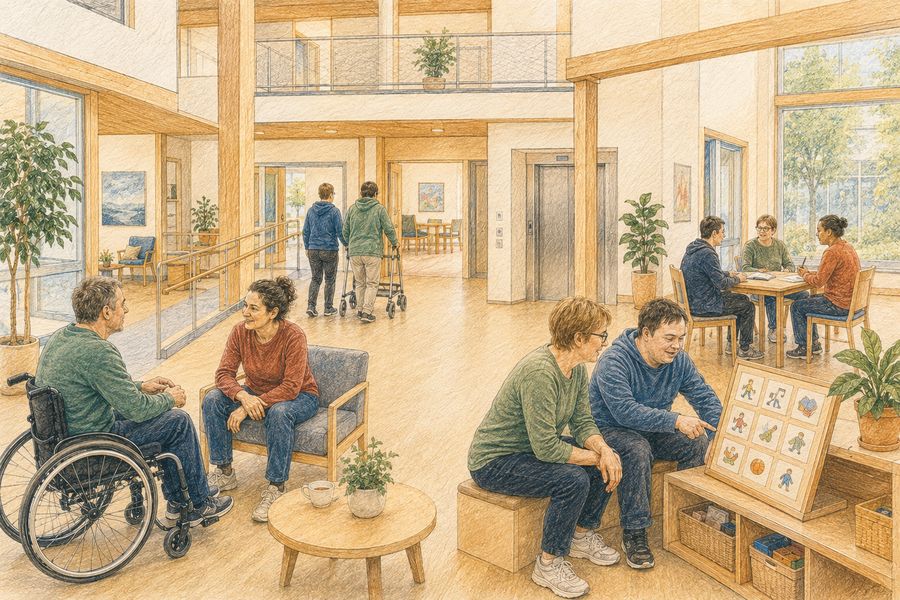 Dans le hall d'une institution, deux personnes s'entretiennent, deux autres consultent un tableau de pictogrammes et un petit groupe travaille autour d'une table. Illustration.