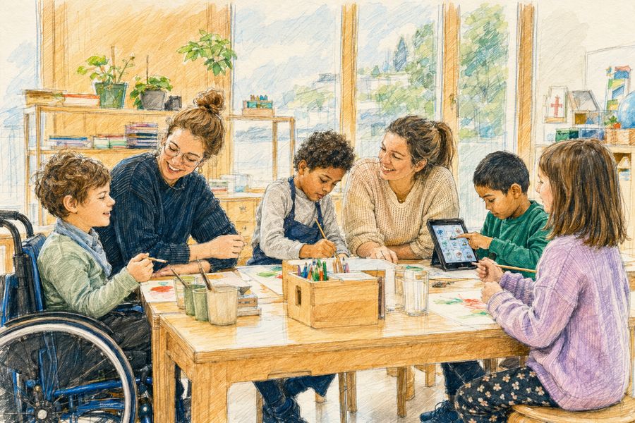 Dans une classe, des enfants peignent avec deux enseignantes ; l'un utilise une tablette de communication. Illustration.